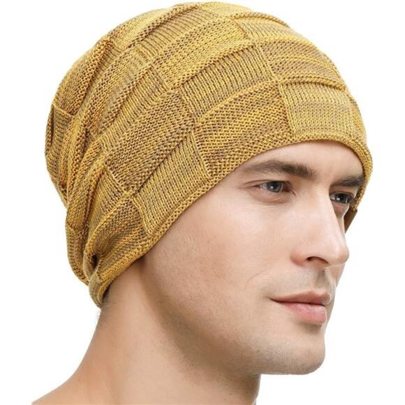 Slouchy Beanie Hats for Men Yellow - Picture 2 of 7